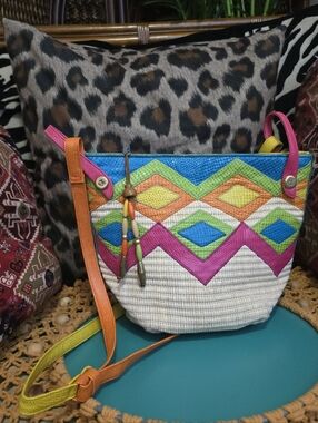 Vintage 80's 90's Sharif Straw Yellow Green Blue Orange Pink Leather Bucket Bag